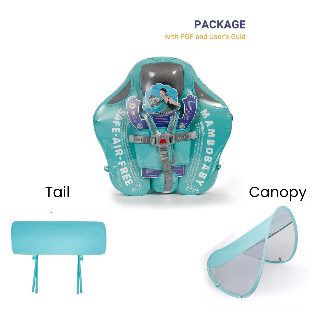 Mambobaby™ Flamant Rose Vert contenu du pack complet avec ombrelle et queue de stabilité.