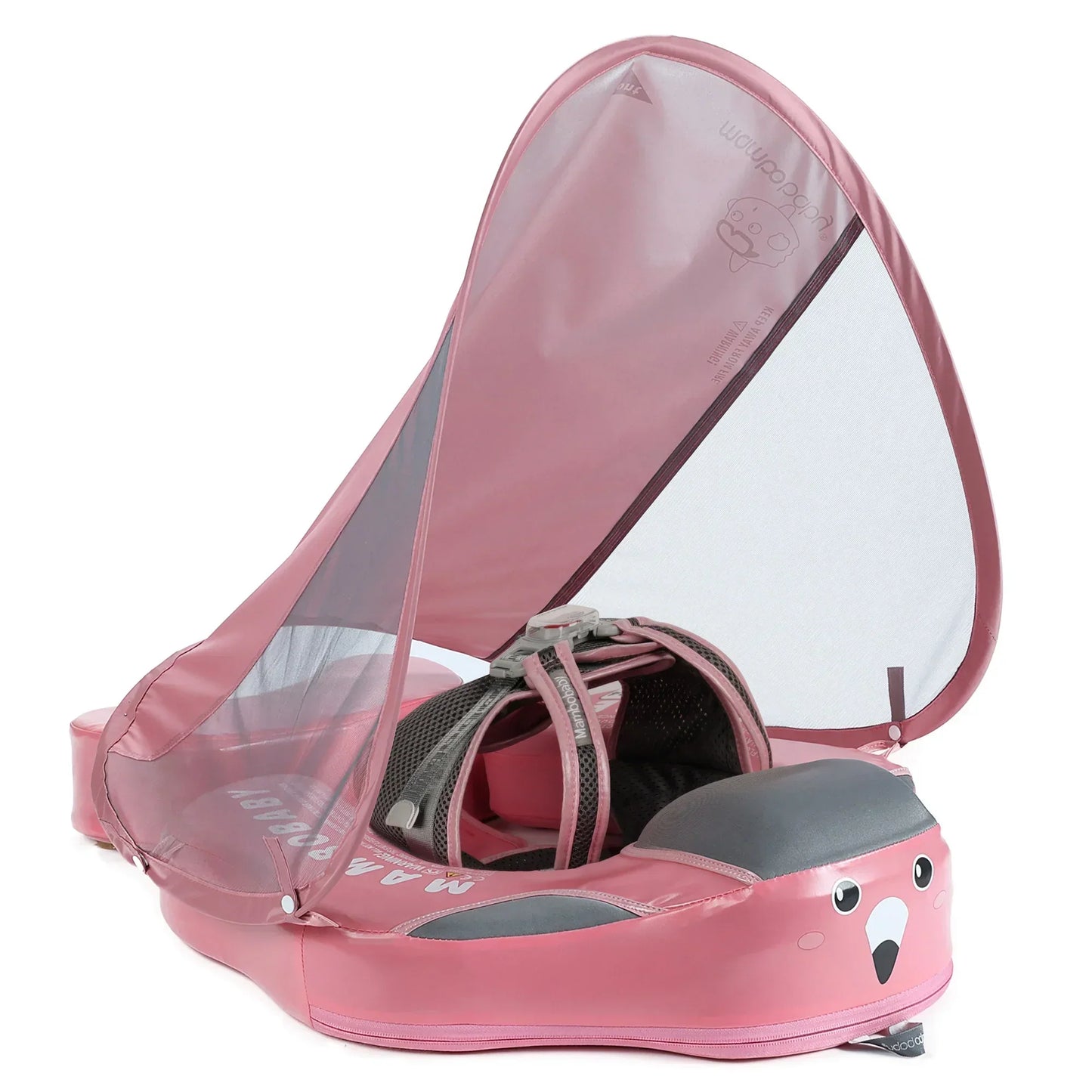 Bouée bébé Mambobaby™ originale en forme de flamant rose, idéale pour les piscines britanniques. Modèle sans air et non gonflable, adapté aux bébés de 3 à 24 mois.